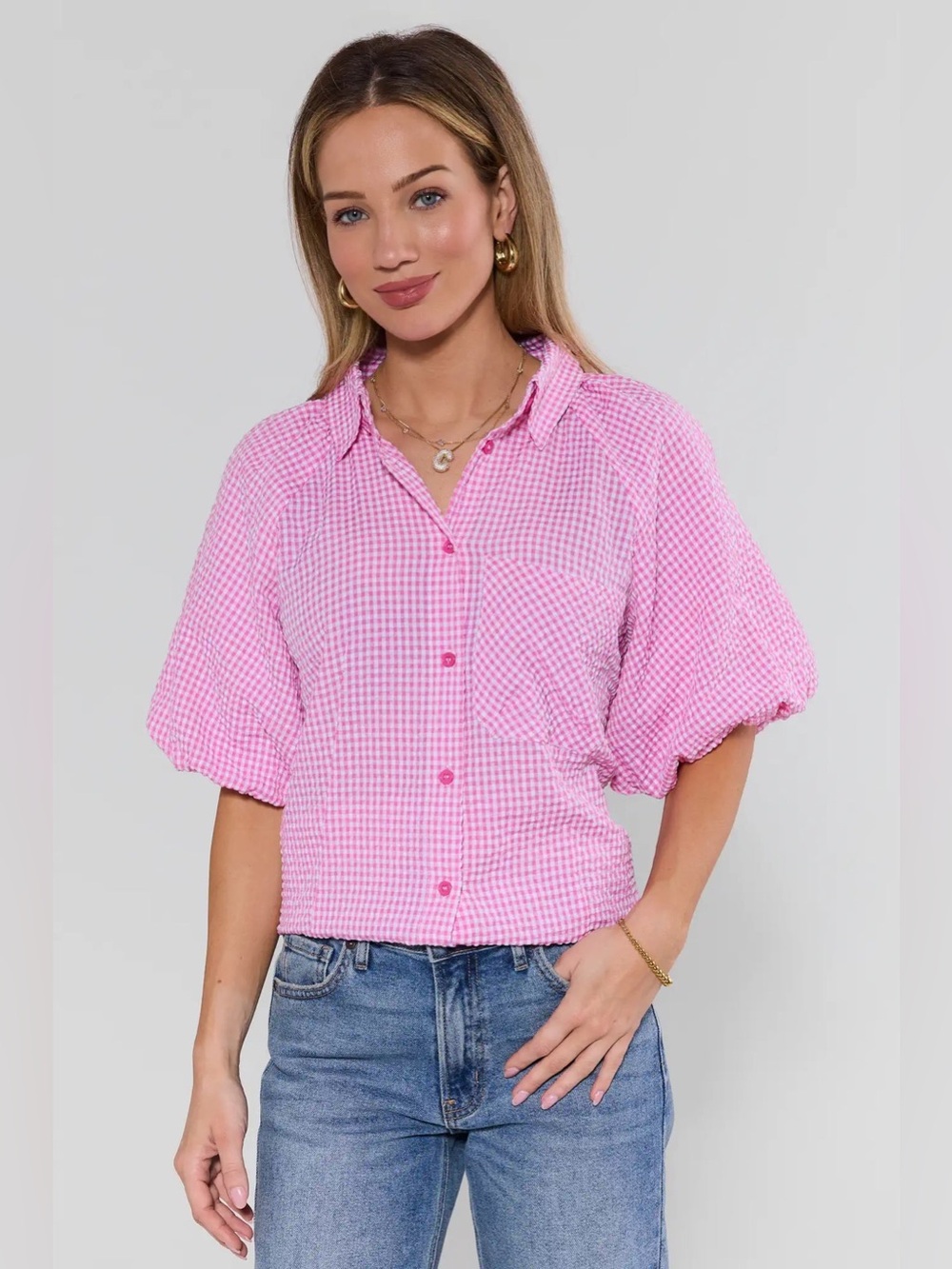 NWOT Avara Ashton Pink Gingham Short Sleeve Top